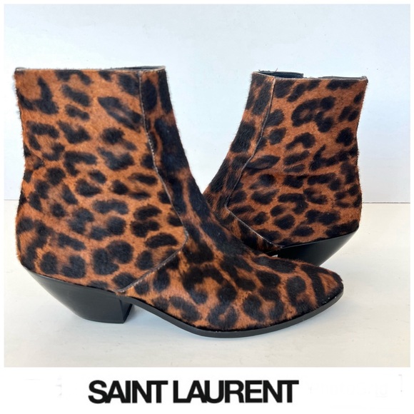 SAINT LAURENT Paris Cowhide Leopard Print Pointed Block Heel Ankle Boots Sz 38 - Picture 1 of 16
